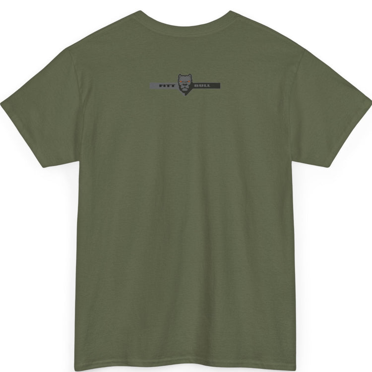 Fitbull Military Green t-shirt with a logo on the back against a white background