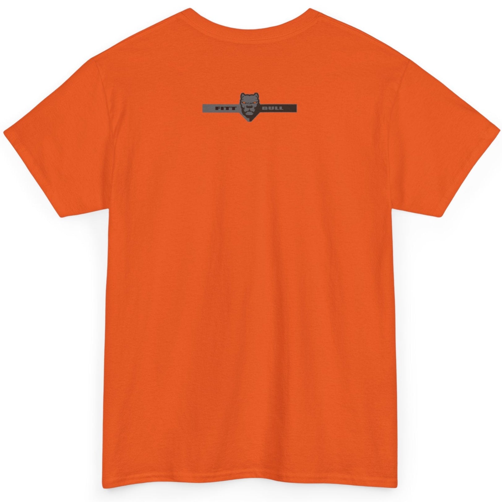 Orange Fitbull t-shirt with a logo on the back against a white background