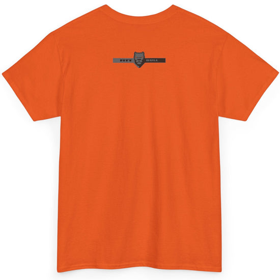 Orange Fitbull t-shirt with a logo on the back against a white background