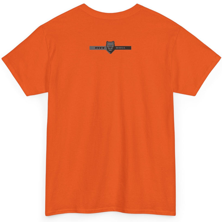 Orange Fitbull t-shirt with a logo on the back against a white background