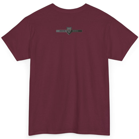Maroon Fitbull t-shirt with a logo on the back against a white background