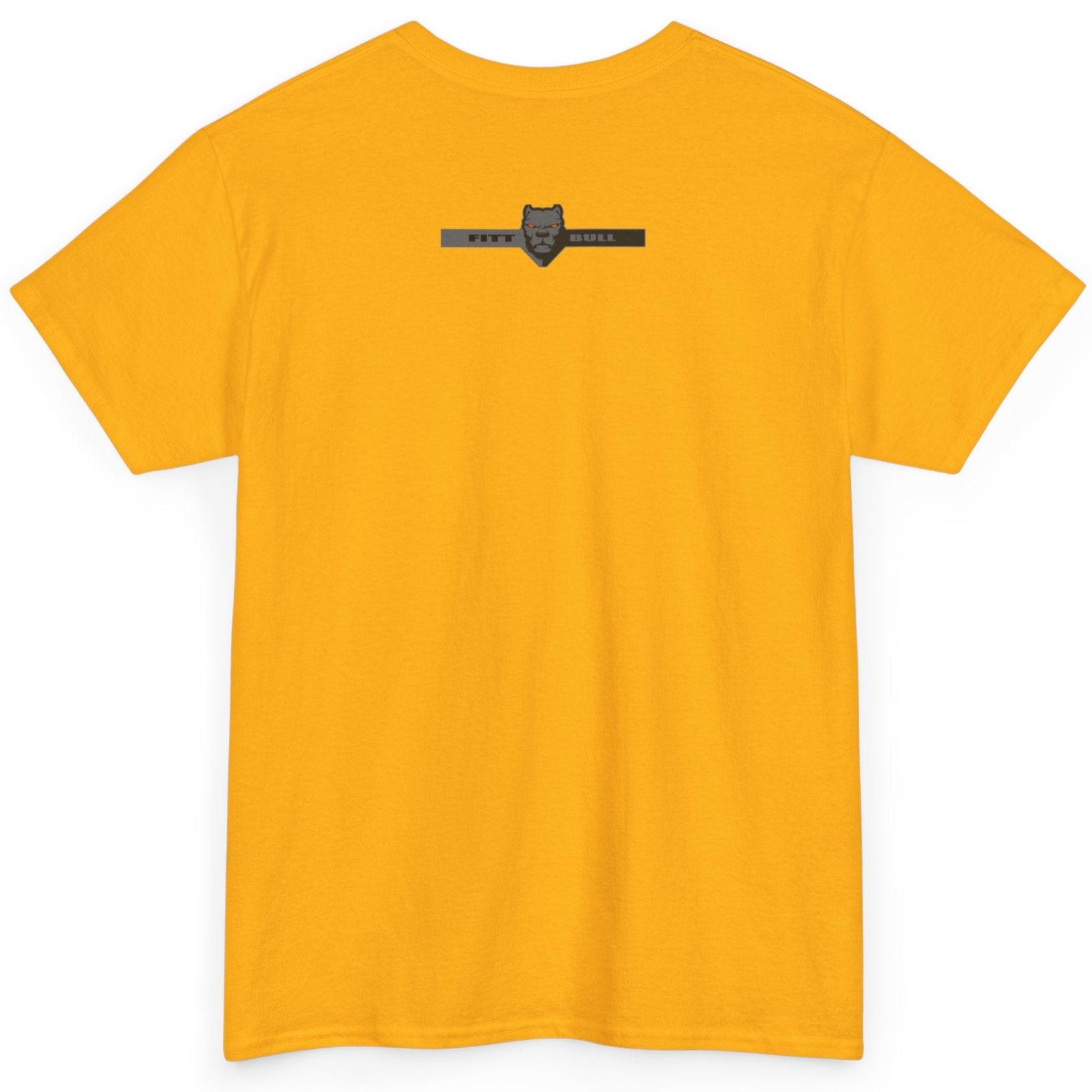Yellow Fitbull t-shirt with a logo on the back against a white background