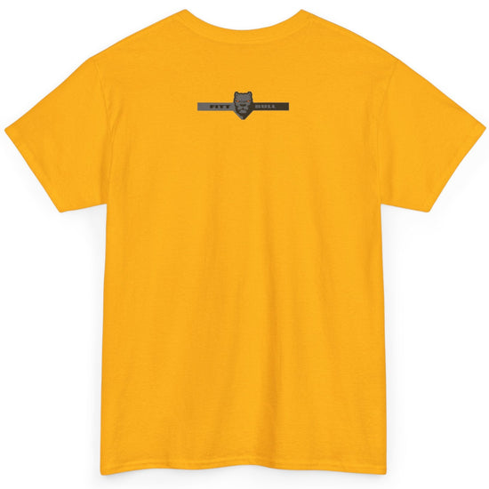 Yellow Fitbull t-shirt with a logo on the back against a white background