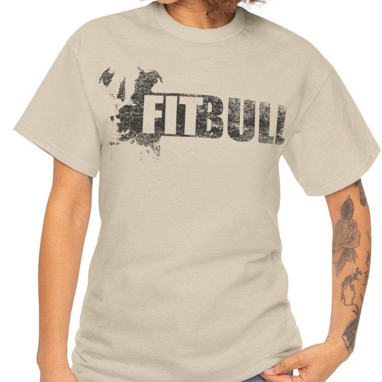 Woman wearing beige Fitbull fitness t-shirt with motivational design on the chest.