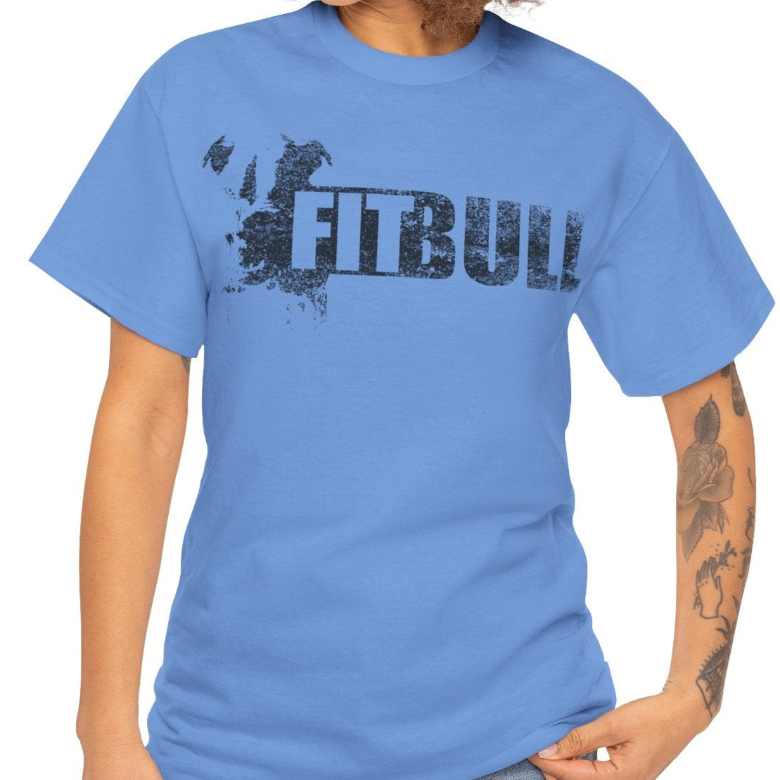 Woman wearing a blue fitness t-shirt with 'Fitbull' training motivating.
