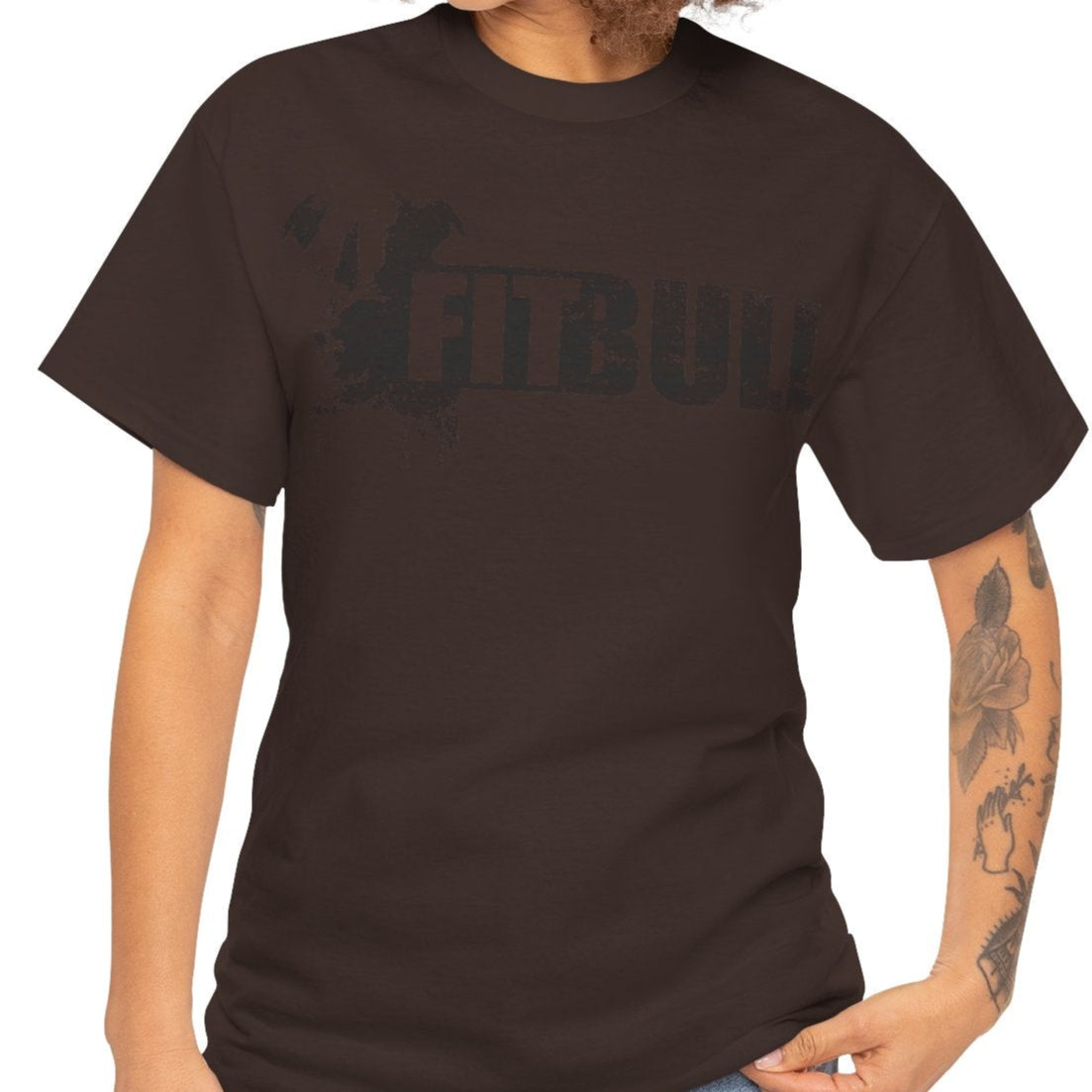 Woman wearing a brown fitness t-shirt with 'Fitbull' training motivating.