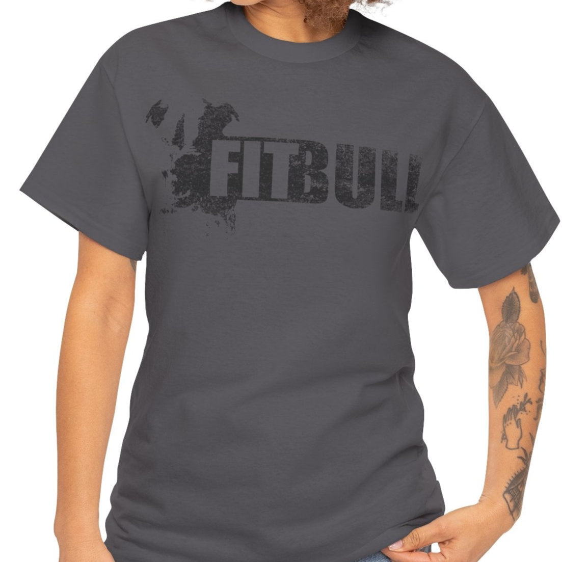 Woman wearing a charcoal fitness t-shirt with 'Fitbull' training motivating.