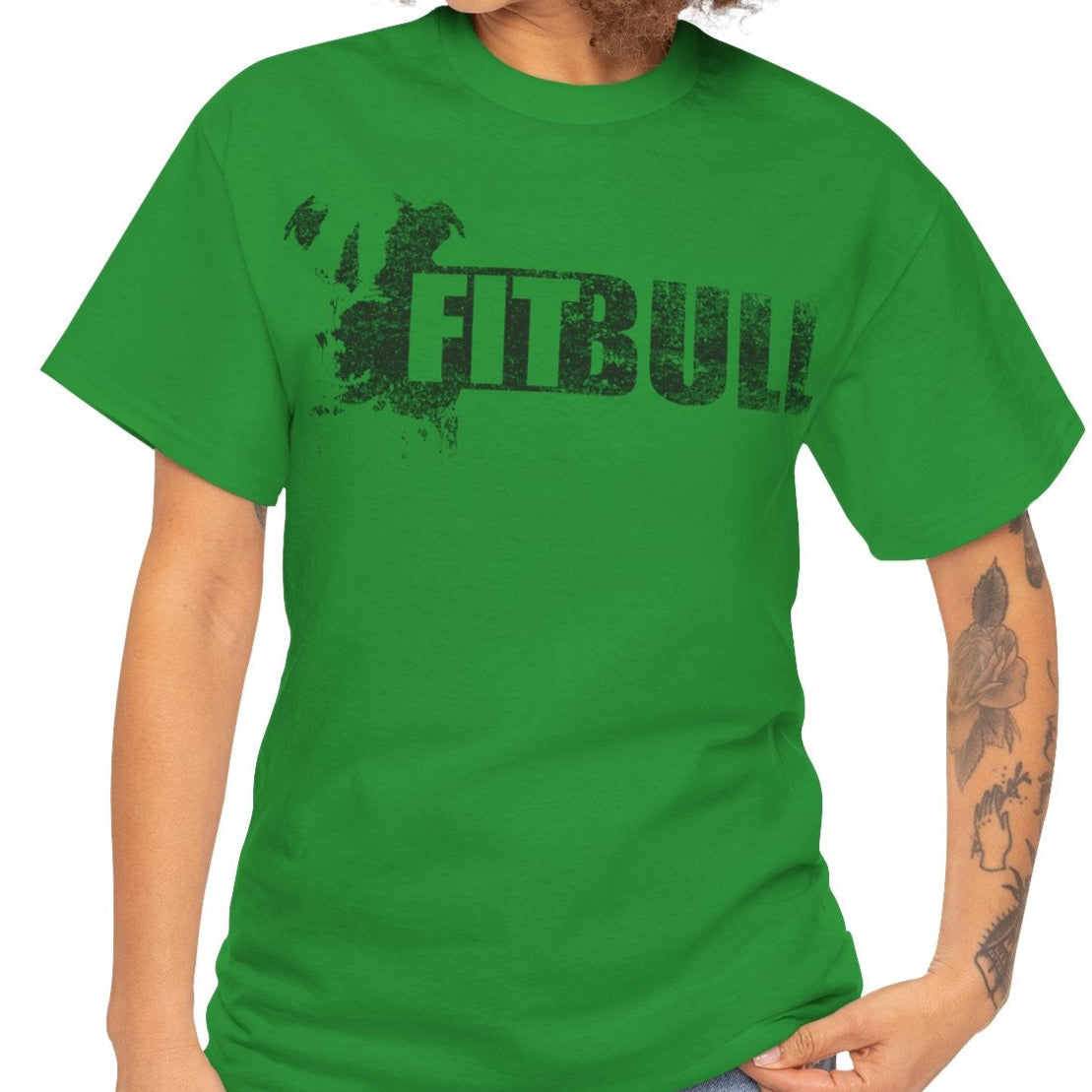 Woman wearing a green fitness t-shirt with 'Fitbull' training motivating.