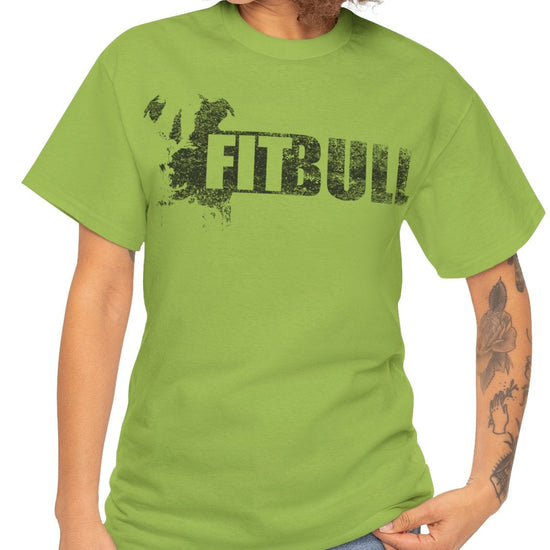 Woman wearing a kiwi fitness t-shirt with 'Fitbull' training motivating.