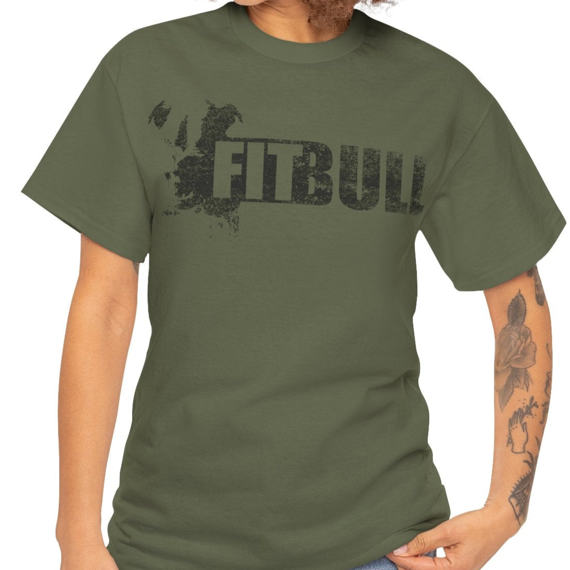 Woman wearing a military green fitness t-shirt with 'Fitbull' training motivating.
