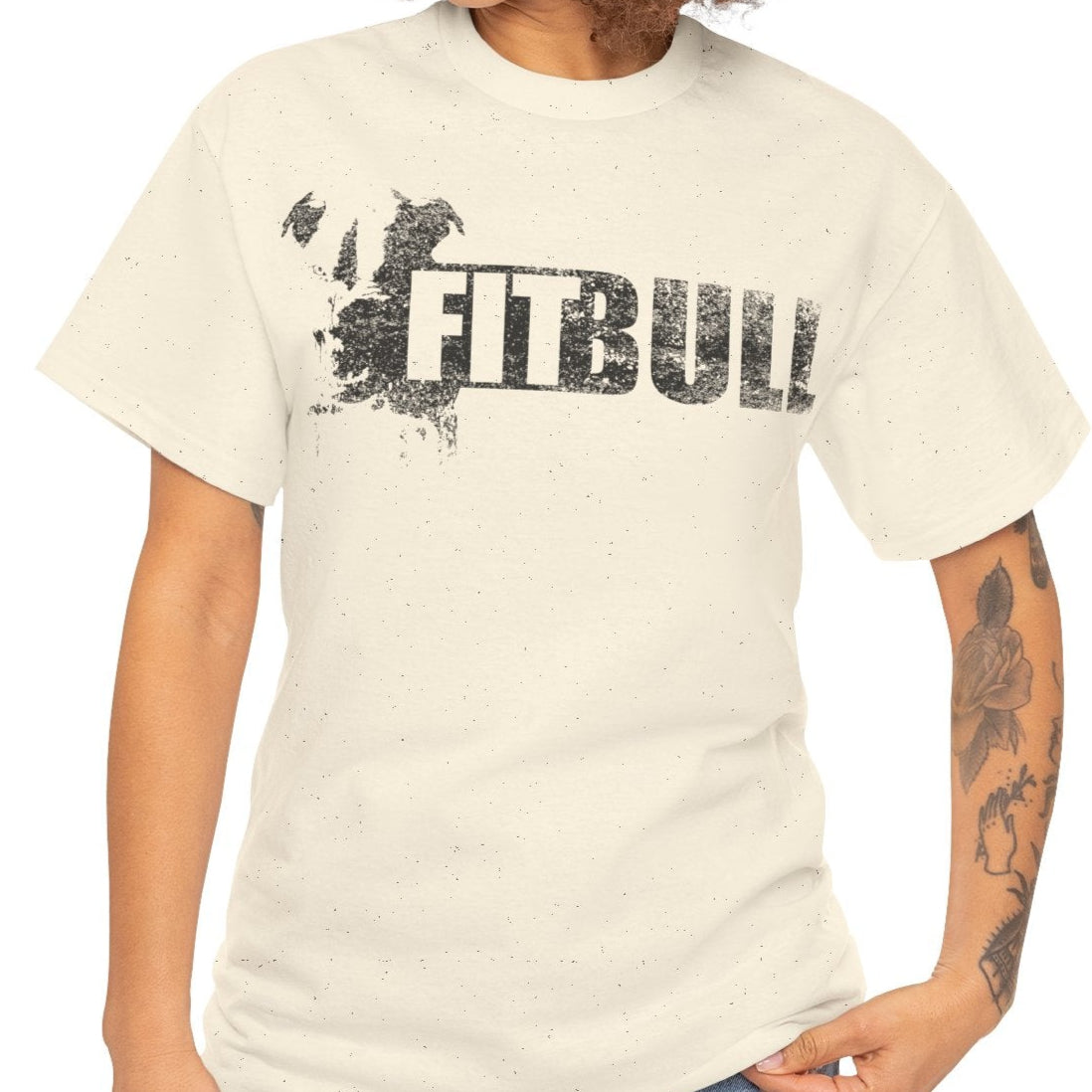 Woman wearing a nature fitness t-shirt with 'Fitbull' training motivating.