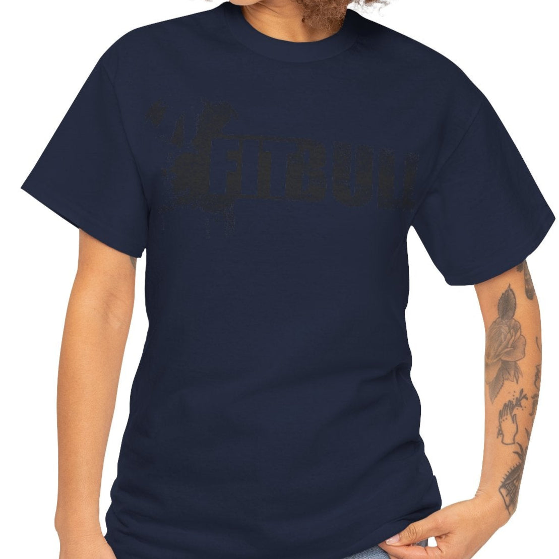 Woman wearing a navy blue fitness t-shirt with 'Fitbull' training motivating.
