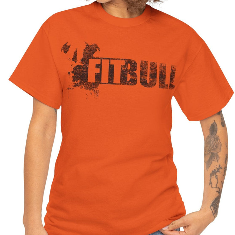 Woman wearing a orange fitness t-shirt with 'Fitbull' training motivating.