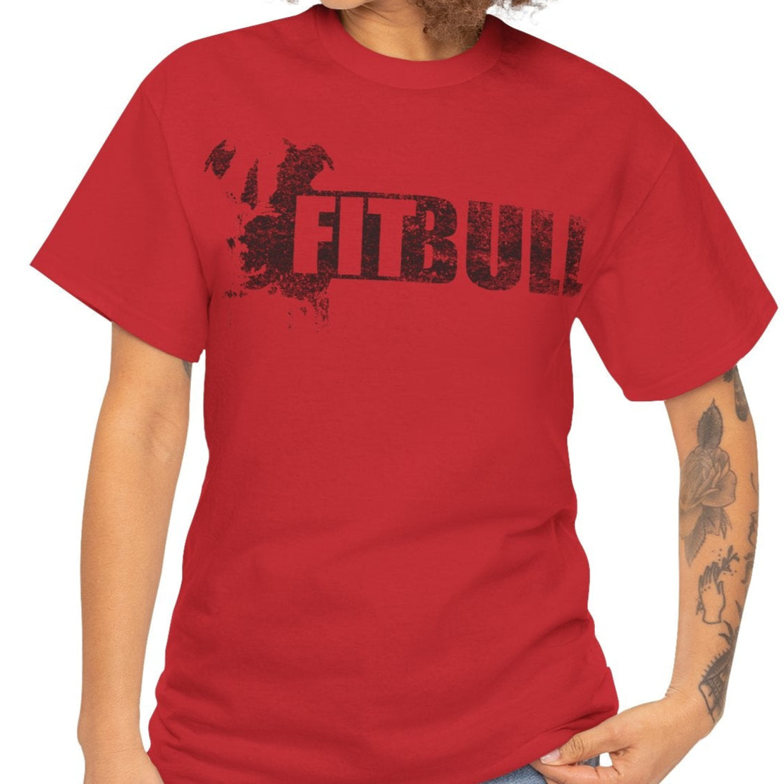 Woman wearing a red fitness t-shirt with 'Fitbull' training motivating.