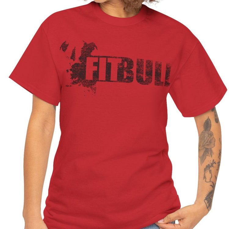 Woman wearing a red fitness t-shirt with 'Fitbull' training motivating.