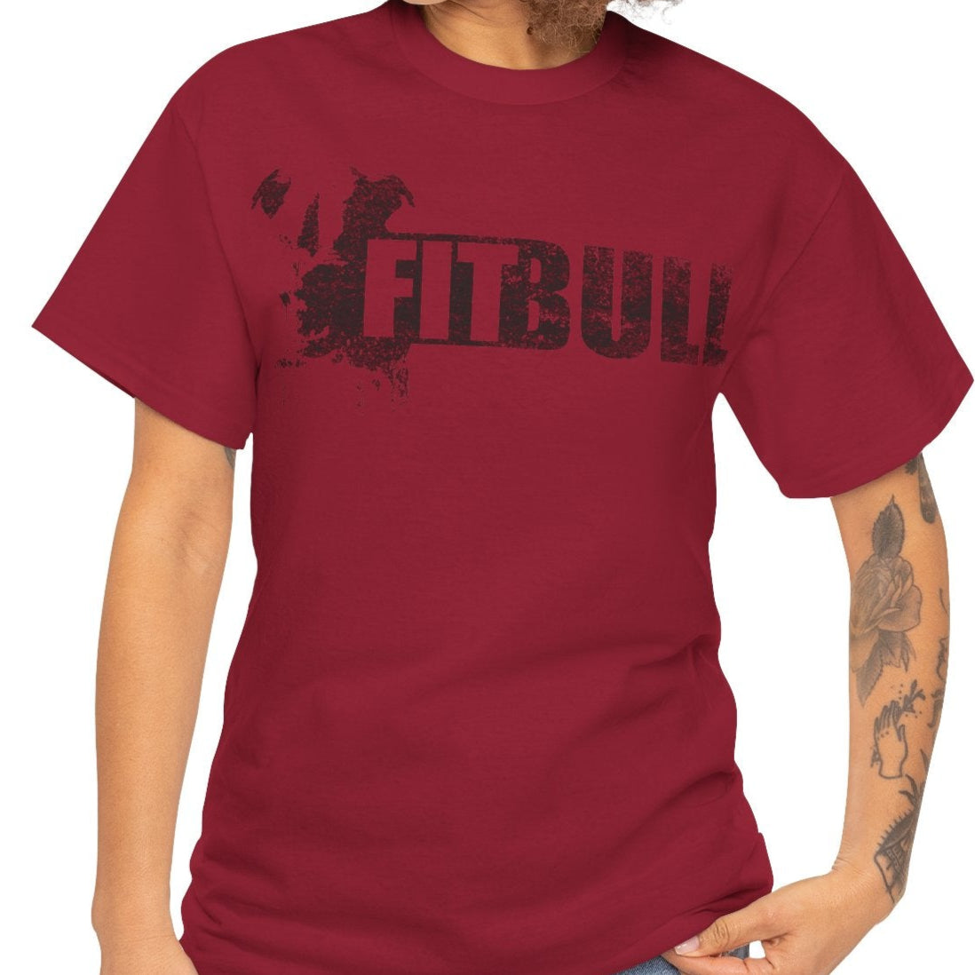 Woman wearing a red fitness t-shirt with 'Fitbull' training motivating.