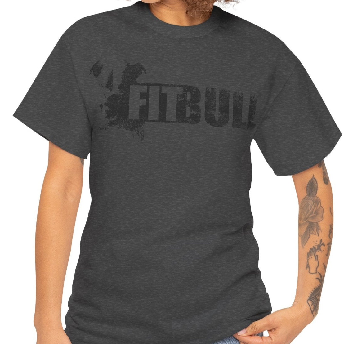 Woman wearing a sport grey fitness t-shirt with 'Fitbull' training motivating.