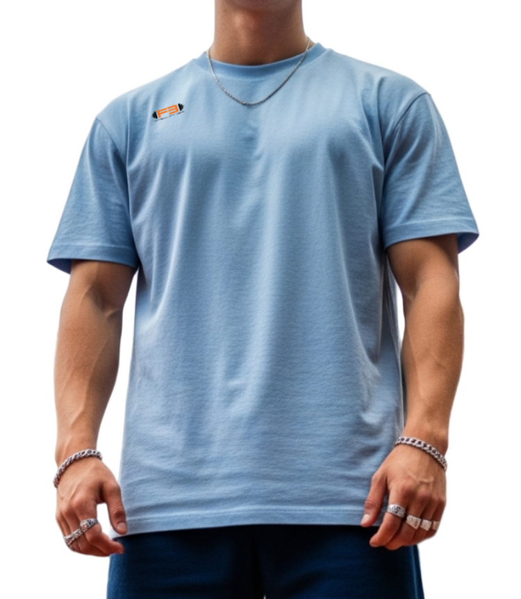 A man wearing blue Fitbull fitness t-shirt with a motivating logo on the chest.