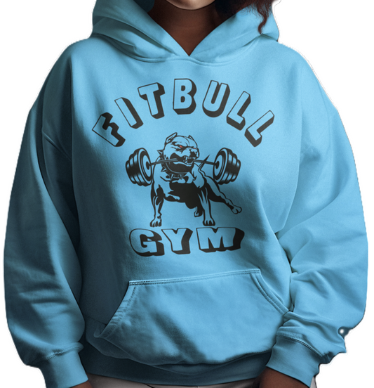 Light blue  Fitbull Gym hoodie with 'Fitbull Gym' graphic and pitbull motivated design.