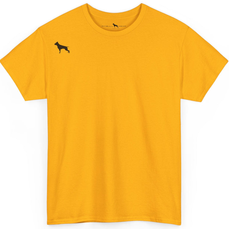 Yellow Fitbull t-shirt with a small black logo on the front. Fitness and Bodybuilding motivating.