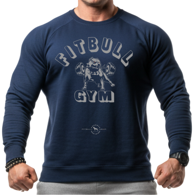Man wearing a navy 'Fitbull Gym' sweatshirt and gray pants on a white background