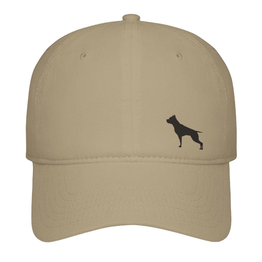 A  beige baseball Fittbull cap with a black logo of a pitbull on the front.