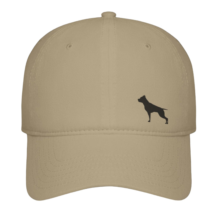 A  beige baseball Fittbull cap with a black logo of a pitbull on the front.