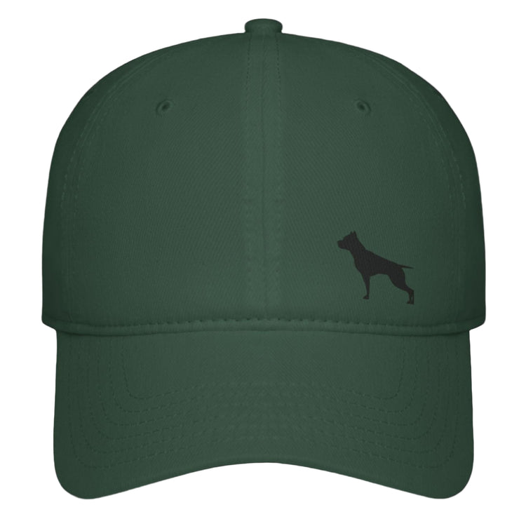 A green baseball Fittbull cap with a logo of a pitbull on the front.