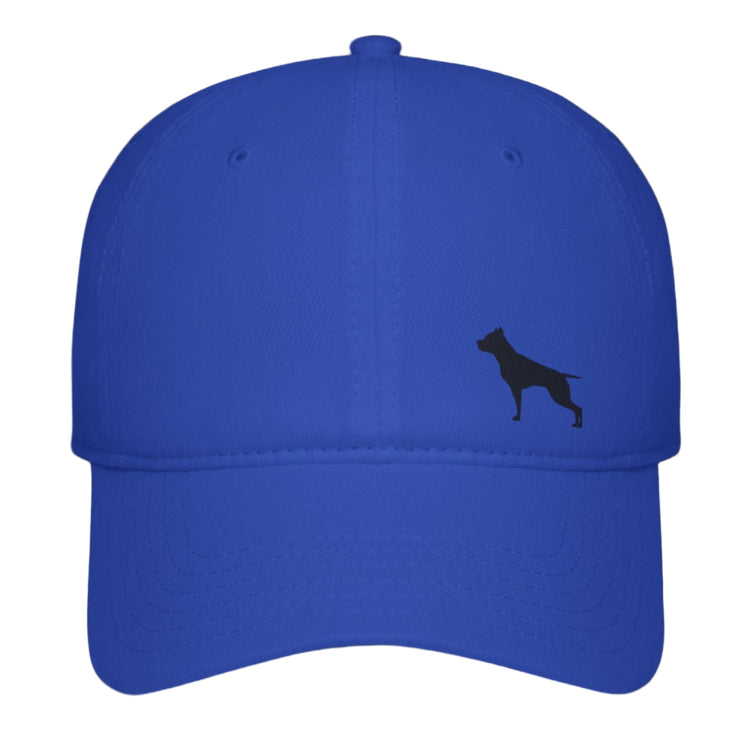 A blue  baseball Fittbull cap with a white logo of a pitbull on the front.