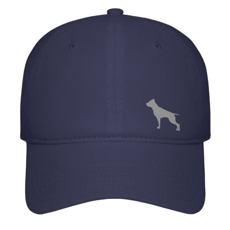 A navy blue baseball Fittbull cap with a white logo of a pitbull on the front.