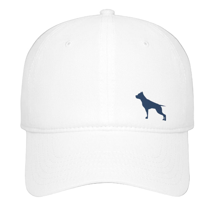 A white baseball Fittbull cap with a white logo of a pitbull on the front.
