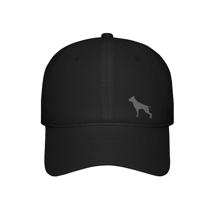 A black baseball Fittbull cap with a white logo of a pitbull on the front.