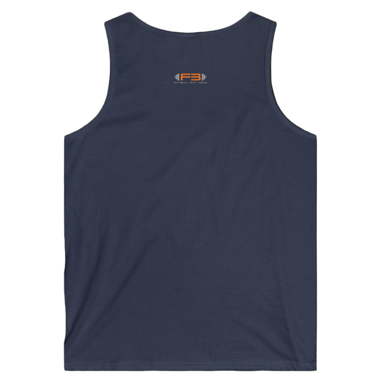 a navy Fitbull sports tank top branded with the Fitbull Fit Wear logo back view