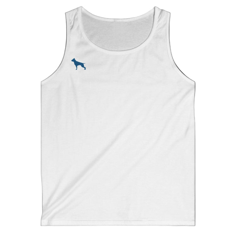 a white Fitbull sports tank top branded with the Fitbull Fit Wear logo
