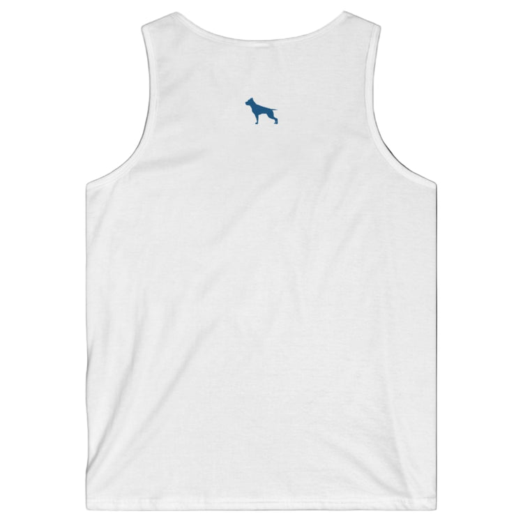 a white Fitbull sports tank top branded with the Fitbull Fit Wear logo back view