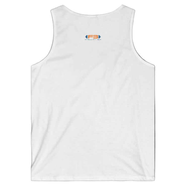 a white Fitbull sports tank top branded with the Fitbull Fit Wear logo back view