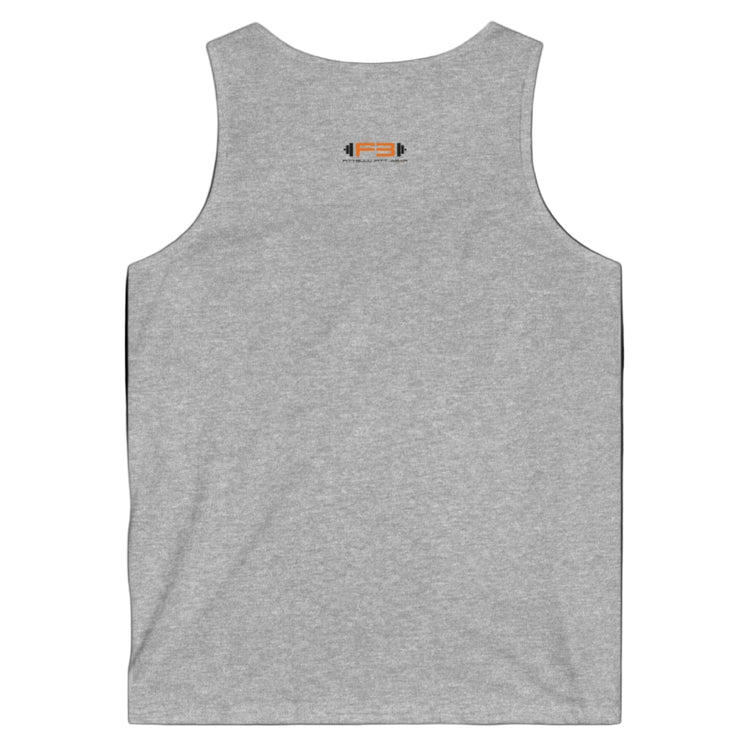 a silver Fitbull sports tank top branded with the Fitbull Fit Wear logo back view