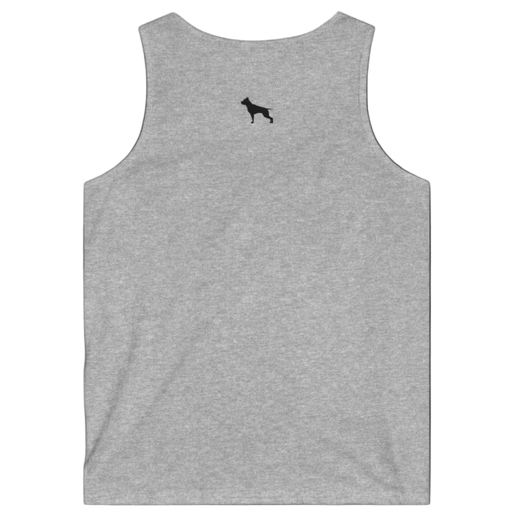 a silver Fitbull sports tank top branded with the Fitbull Fit Wear logo back view