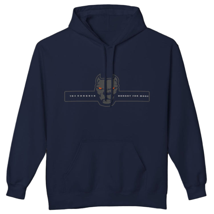 navy sporty hoodie for fitness and bodybuilding training by the brand Fitbull, branded with a logo and a motivating motif front view