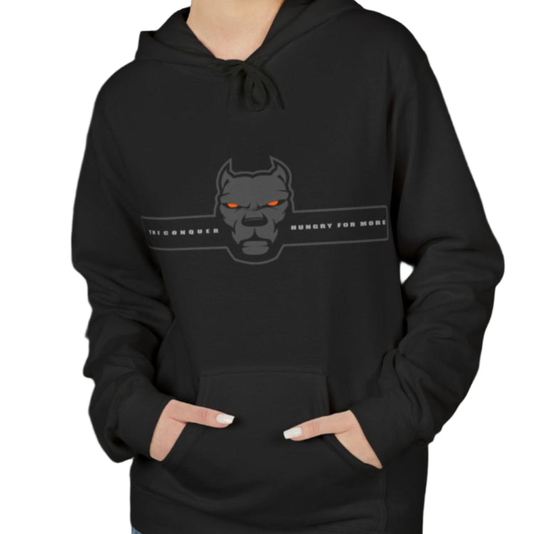 woman wearing black sporty hoodie for fitness and bodybuilding training by the brand Fitbull, branded with a logo and a motivating motif front view