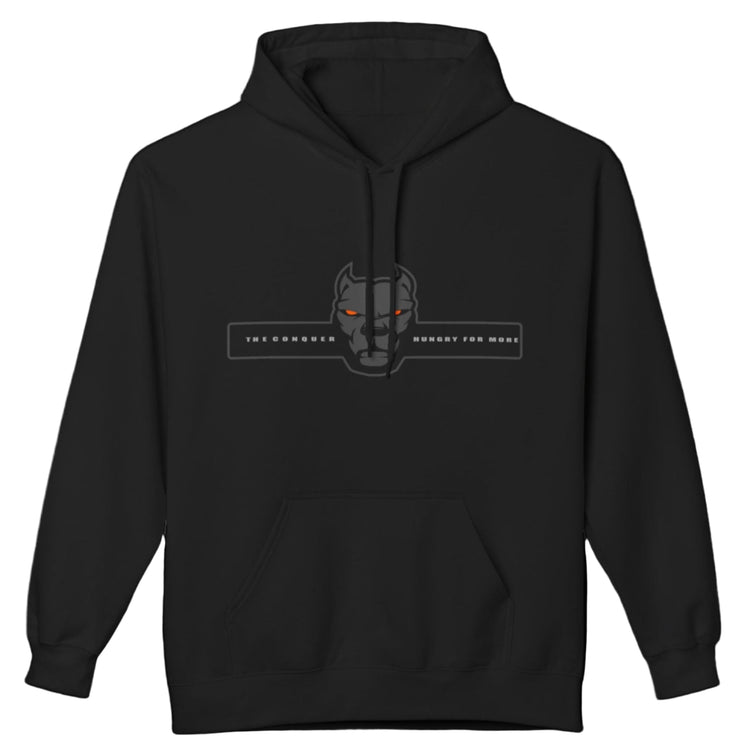 Black sporty hoodie for fitness and bodybuilding training by the brand Fitbull, branded with a logo and a motivating motif front view.