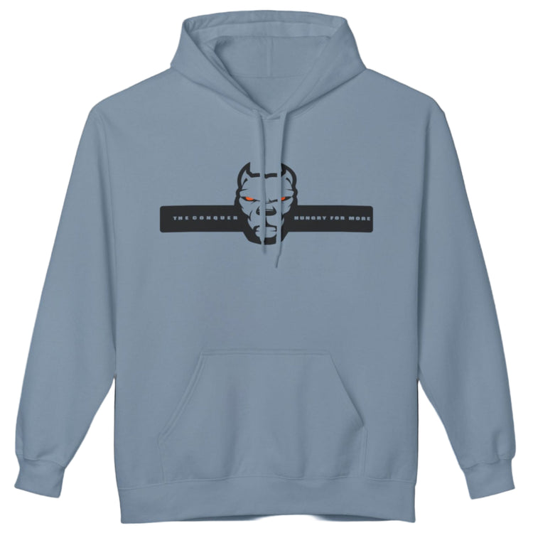 blue sporty hoodie for fitness and bodybuilding training by the brand Fitbull, branded with a logo and a motivating motif front view