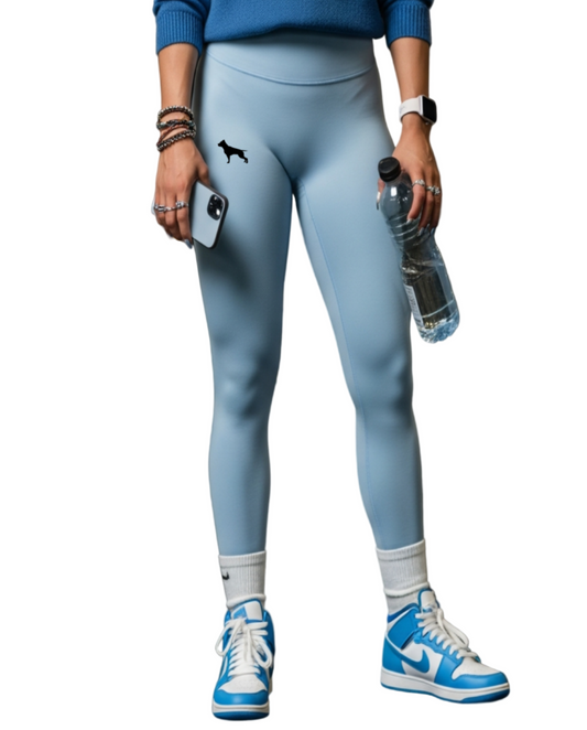 Woman in blue athletic Fitbull leggings.