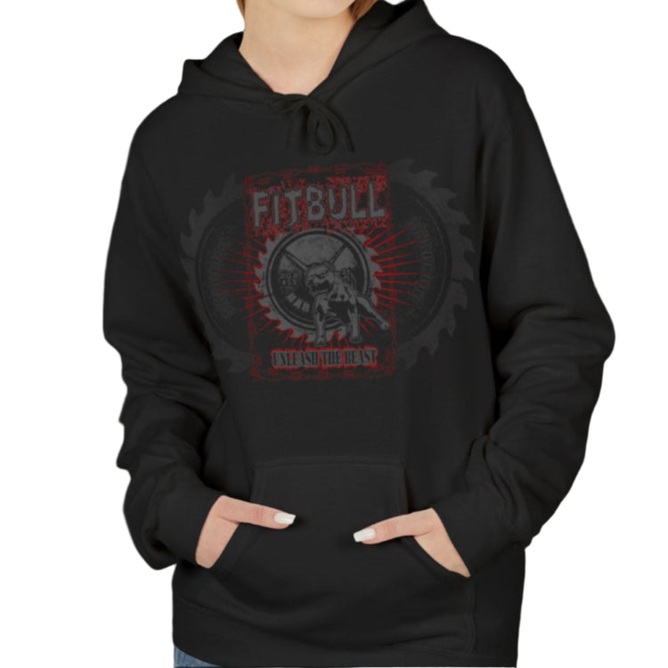 A woman wear sports black hoodet, fitness sweatshirt Fitbull, with motivation desighn Unleash The Beast.
