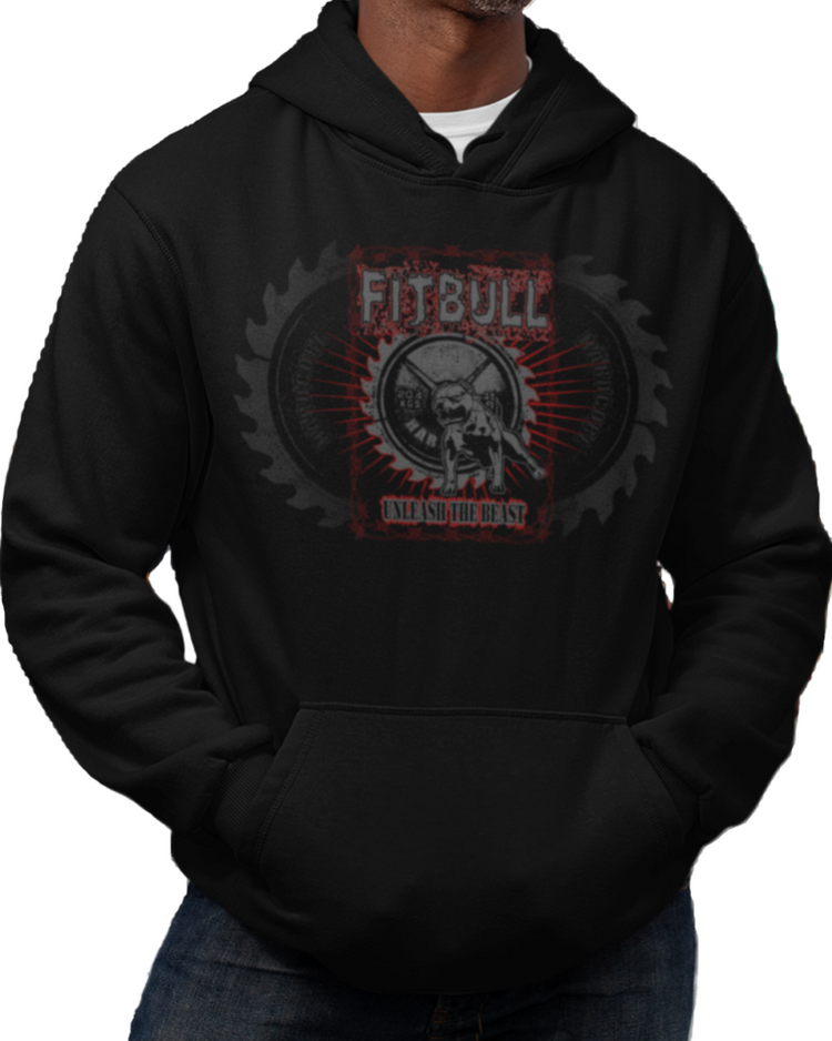 A man wear sports black hoodet, fitness sweatshirt Fitbull, with motivation desighn No Day Off.