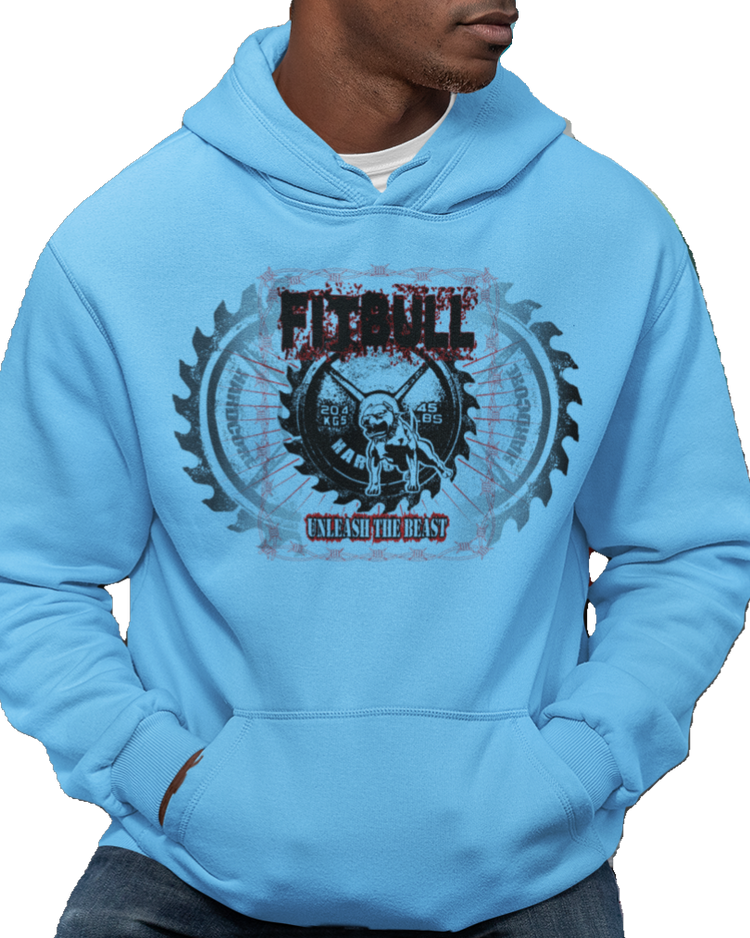 A man wear sports blue hoodet, fitness sweatshirt Fitbull, with motivation desighn No Day Off.