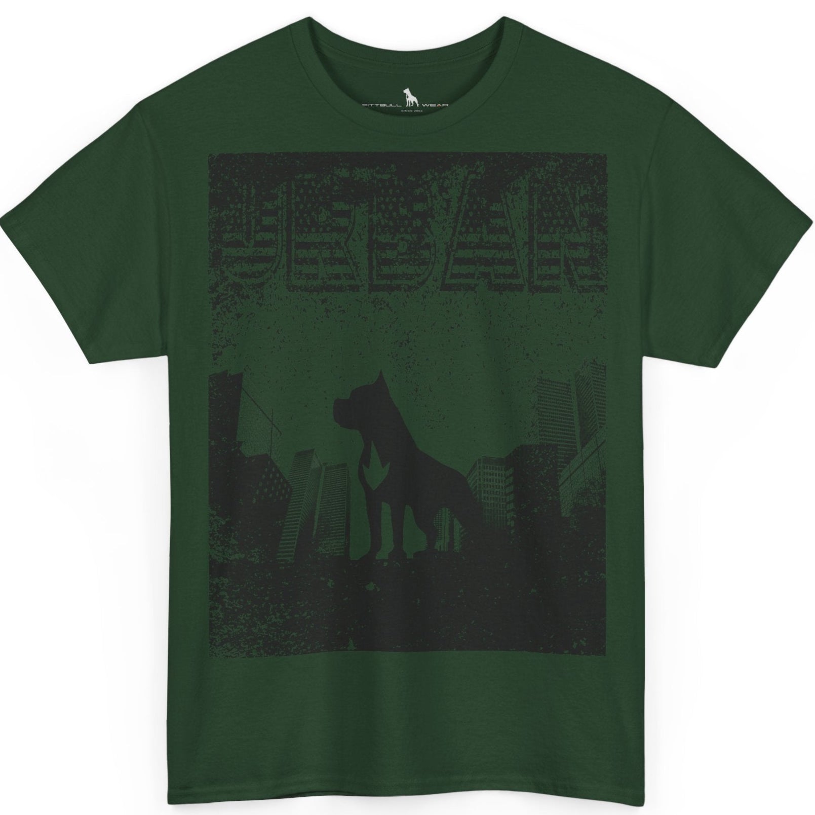 Fitbull fitness t-shirt with a graphic of a dog and urban cityscape green.