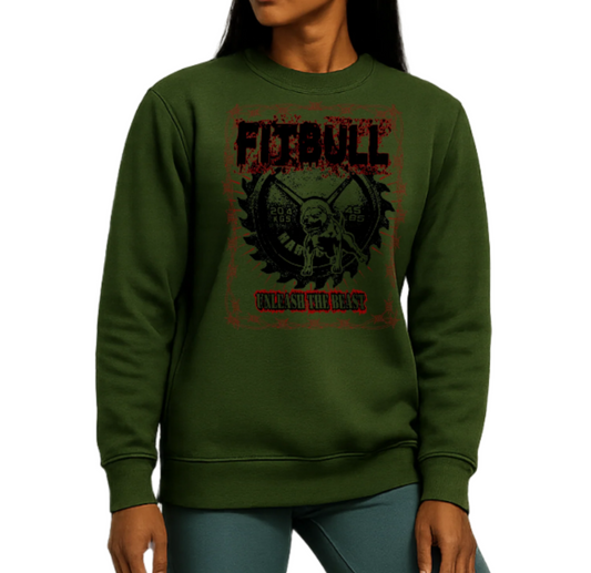 Woman wearing a green sweatshirt Fitbull with a graphic design and blue leggings on a white background