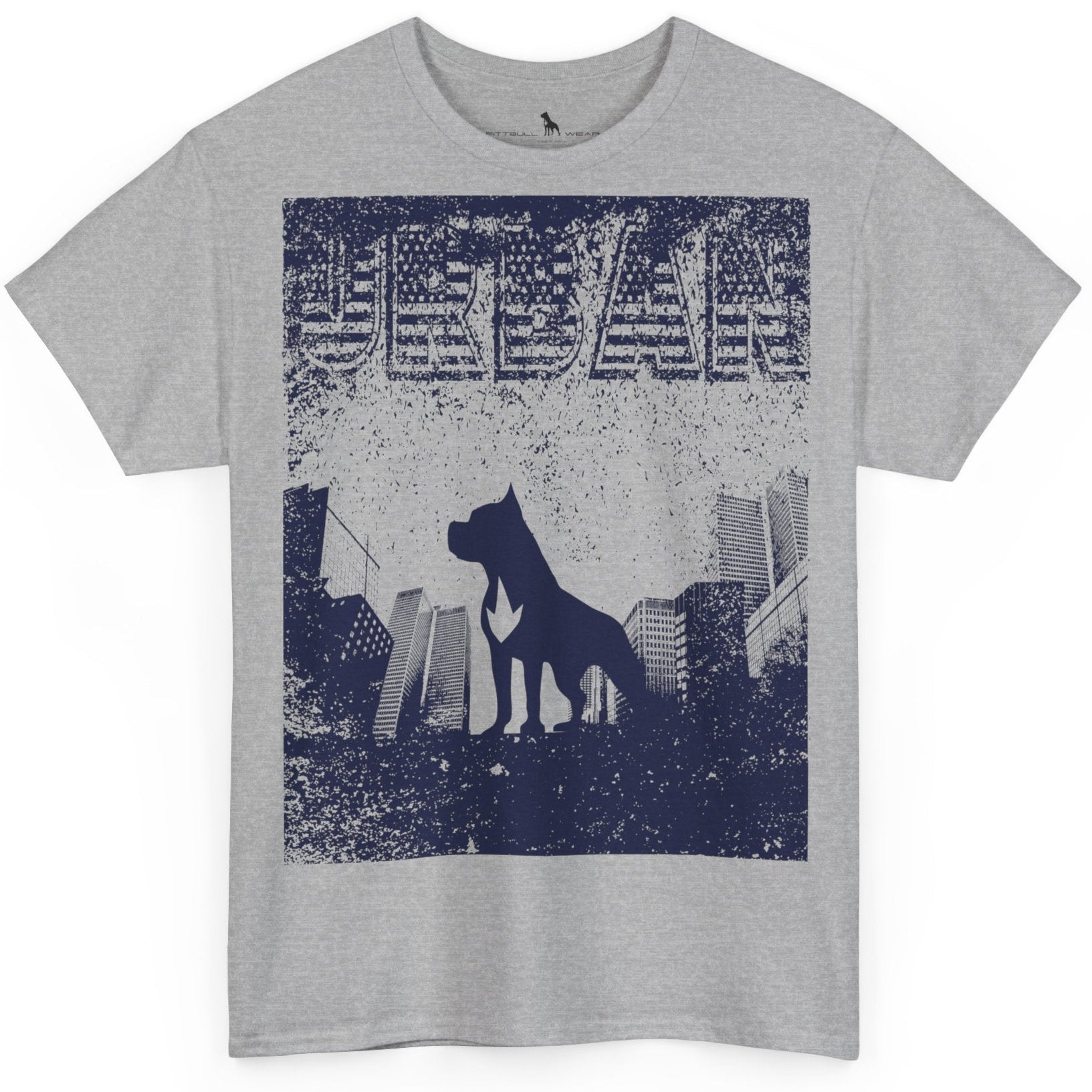 Fitbull fitness t-shirt with a graphic of a dog and urban cityscape grey.