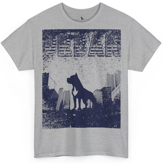 Fitbull fitness t-shirt with a graphic of a dog and urban cityscape grey.